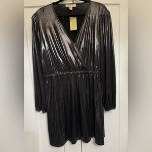 Michael Kors Shimmery Black Wrap-Style Long Sleeve Dress